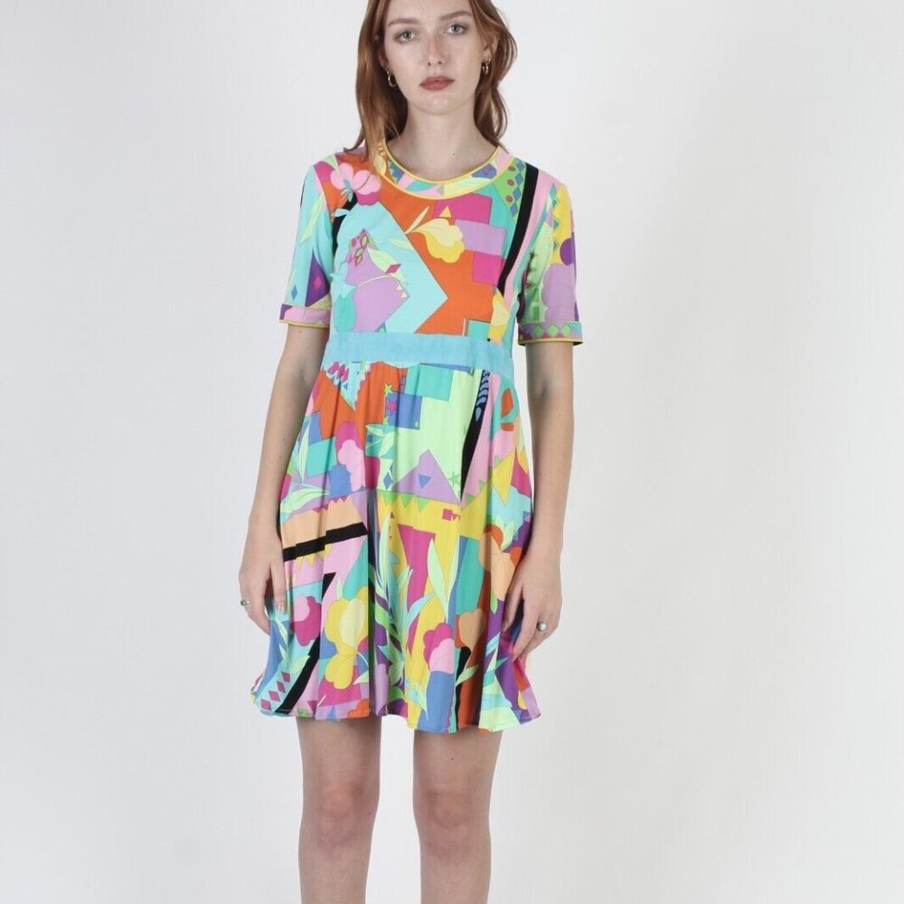 Vintage 70s Abstract Deco Dress Floral Jersey Knit Cocktail Party Mini dress M S